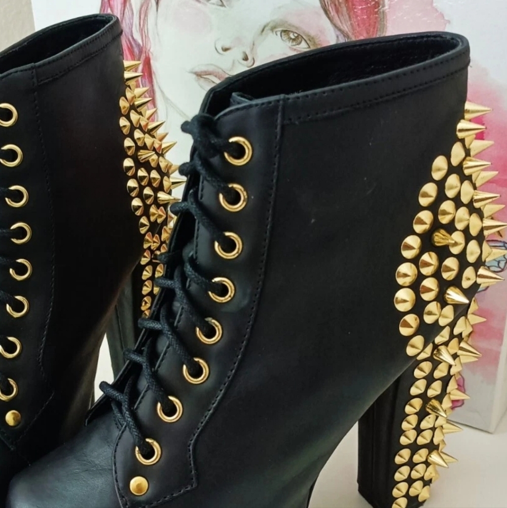 Jeffrey Campbell LITA Black Leather Gold Spikes Booties Size 6 - Picture 9 of 13